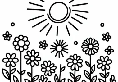 Sonne über Beet mit Blumen – Malvorlage einfach für Kinder gratis