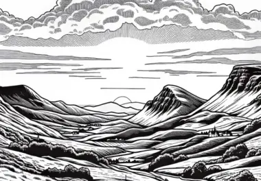 Sonnenaufgang über hügeliger Landschaft im Hochland – Ausmalbild kostenlos