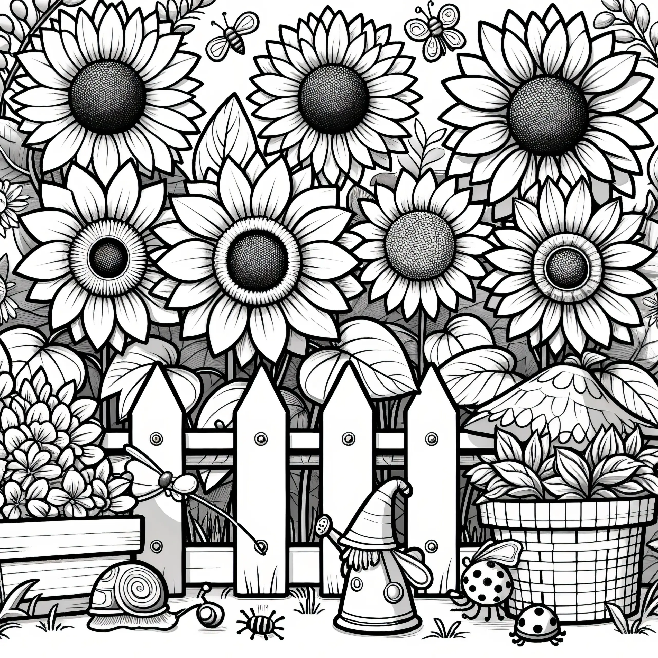 Sonnenblumen im Garten: Kostenlose Malvorlage zum Herunterladen (Gratis) (Ausmalbild)