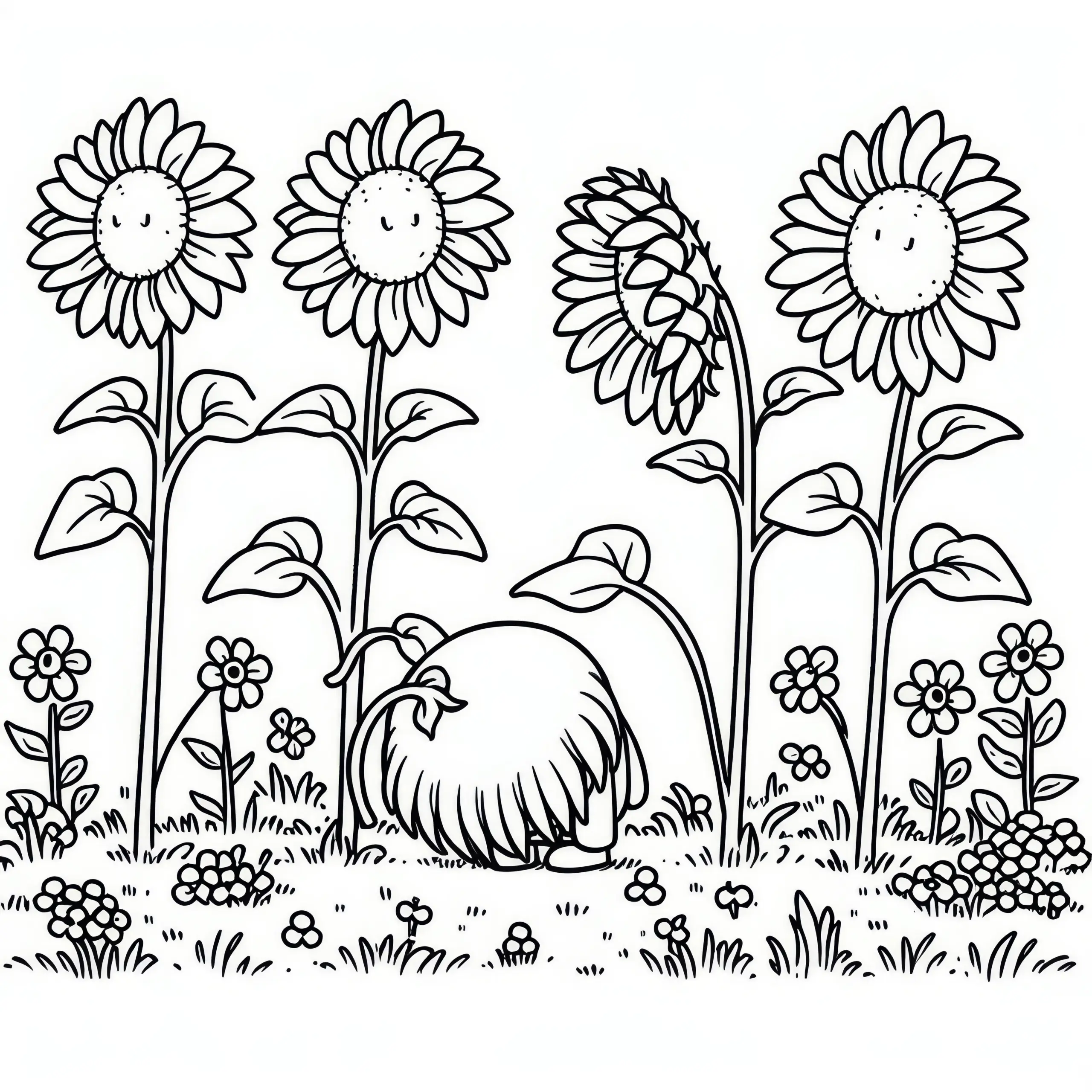 Sonnenblumen neigen sich unter dem Gewicht ihrer Köpfe im September: Malvorlage zum Download (Kostenlos) (Ausmalbild)