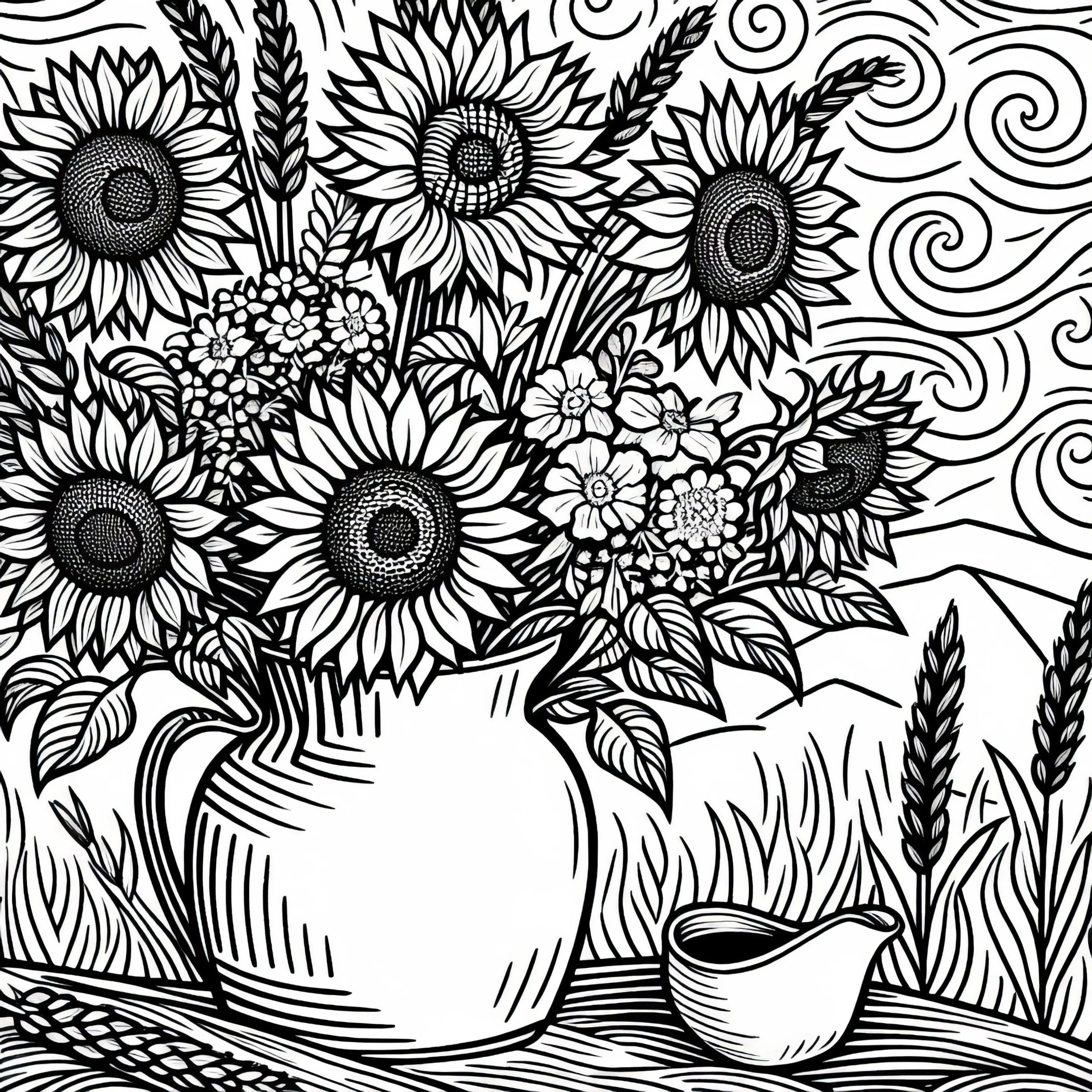 Sonnenblumen in Vase von Vincent van Gogh: Malvorlage zum Download (kostenlos) (Ausmalbild)