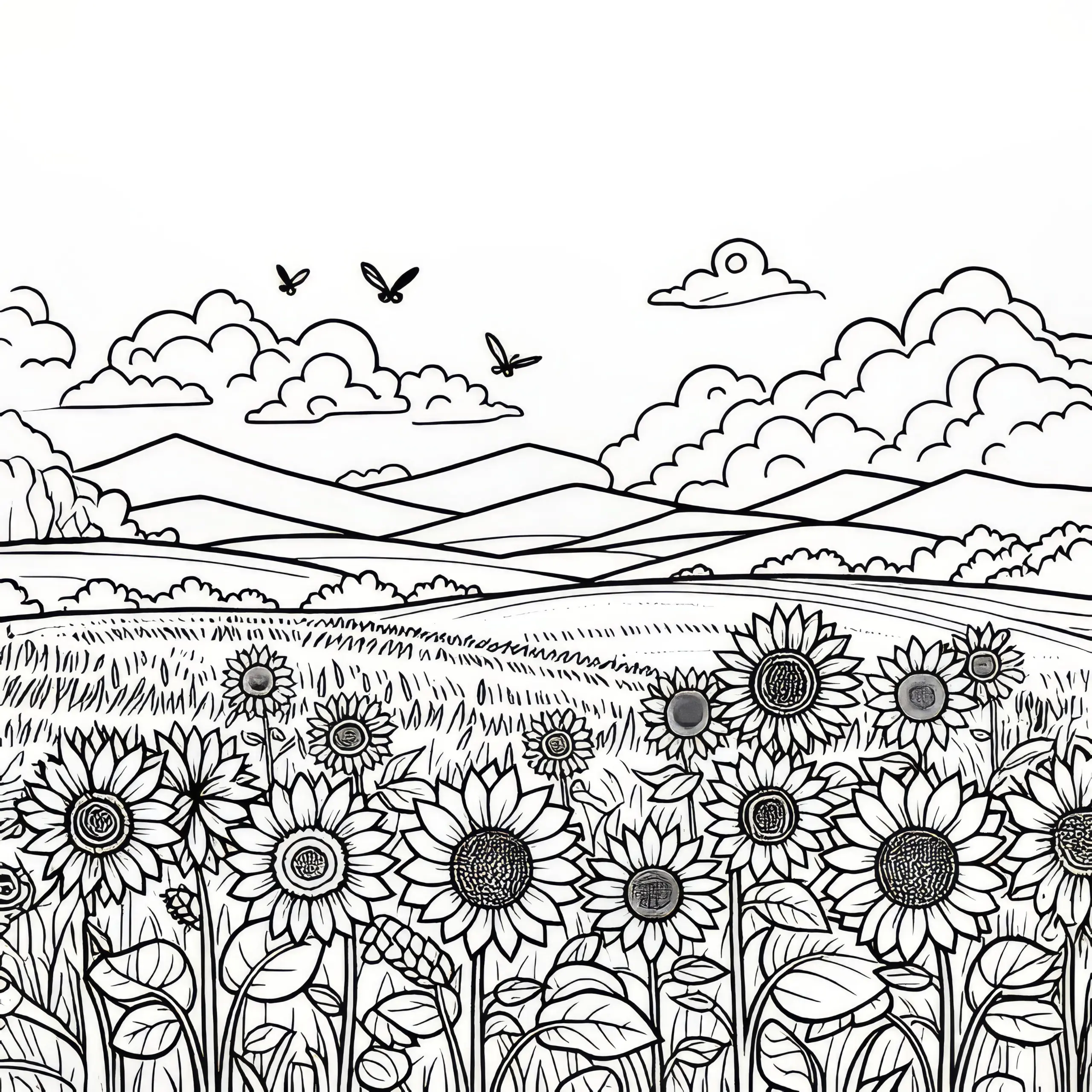 Sonnenblumen auf weitem Feld im Juli: Malvorlage zum Download (Kostenlos) (Ausmalbild)
