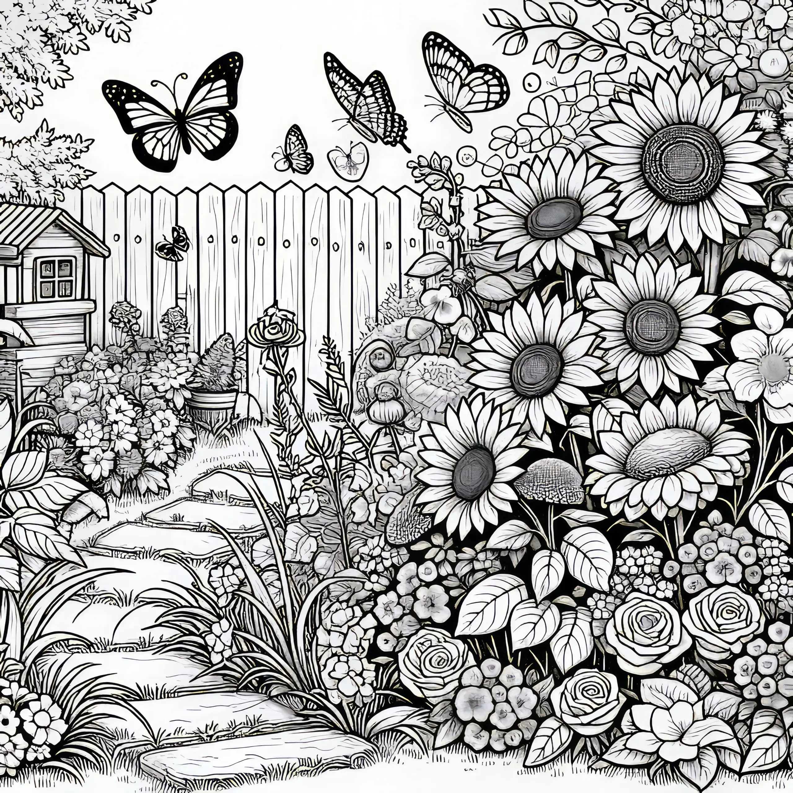 Sonnenblumen, Zaun und Schmetterlinge im Garten: Malvorlage kostenlos (Ausmalbild)