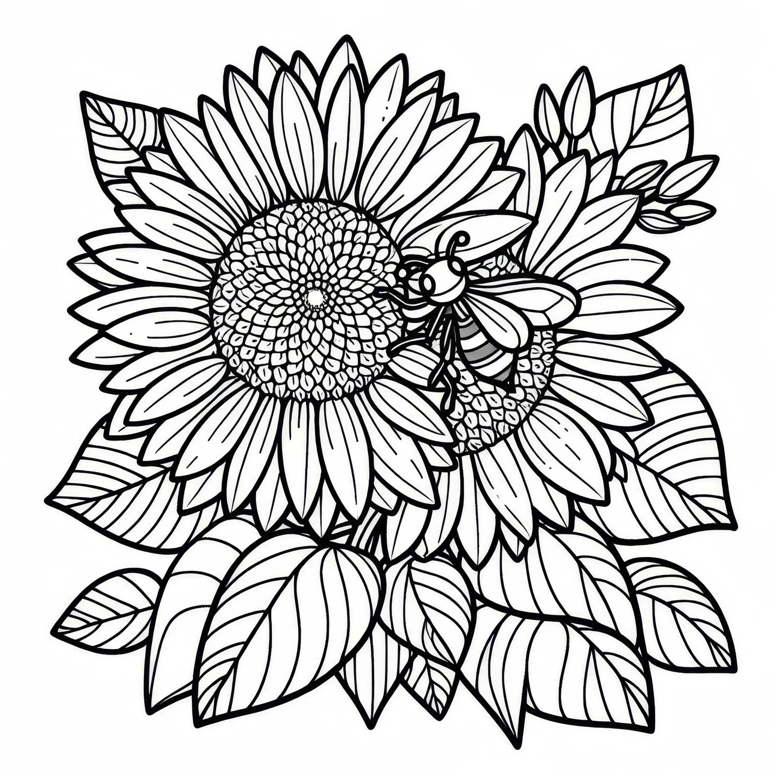 Sonnenblumenblüte mit Biene – Malvorlage für Sommerblumen kostenlos herunterladen (Ausmalbild)