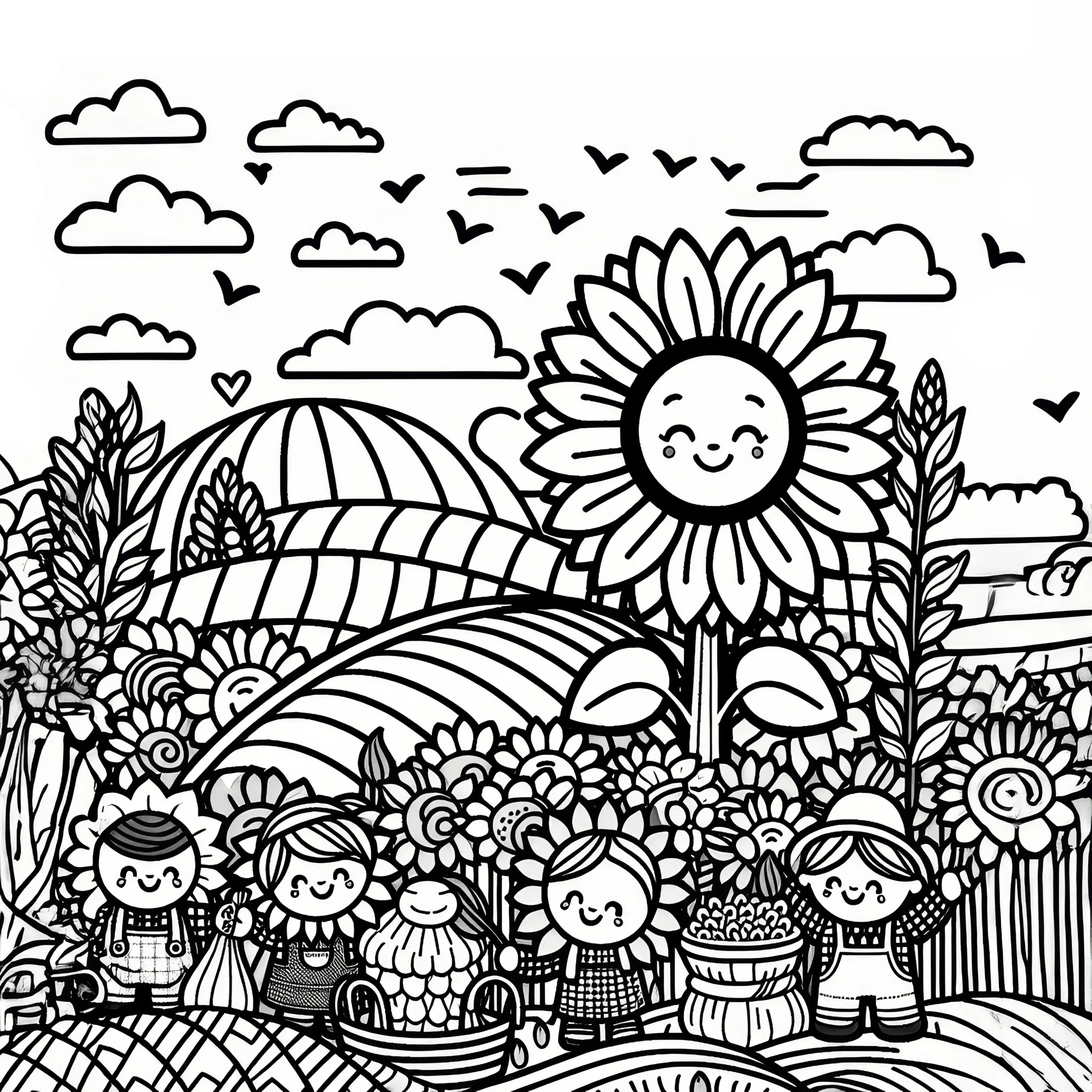 Sonnenblumenfeld zum Erntedankfest: Einfache Malvorlage (Kostenlos) (Ausmalbild)