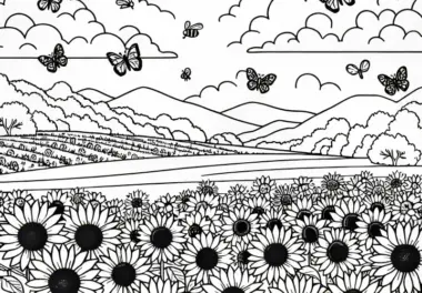 Sonnenblumenfeld mit Bienen und Schmetterlingen – Ausmalbild kostenlos