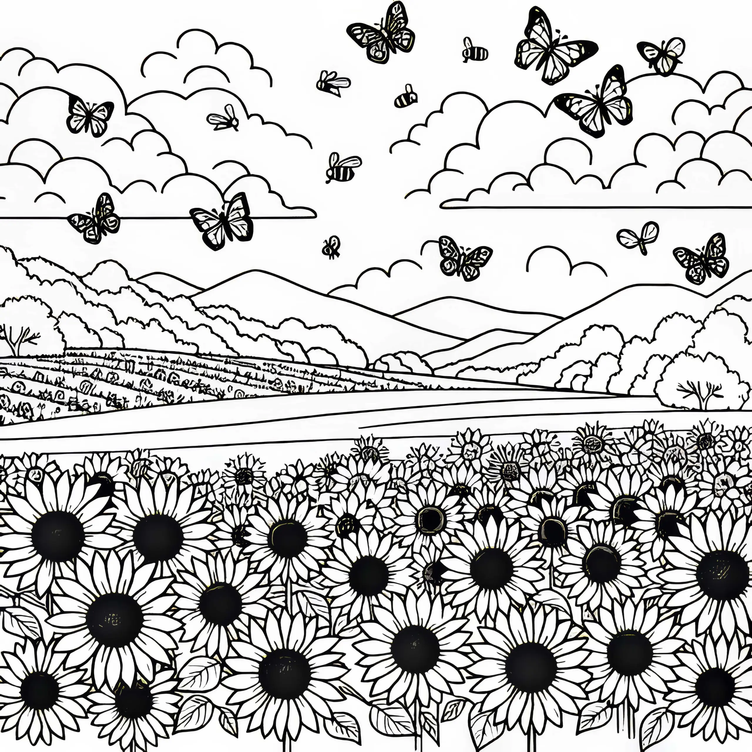 Sonnenblumenfeld mit Bienen und Schmetterlingen – Ausmalbild kostenlos