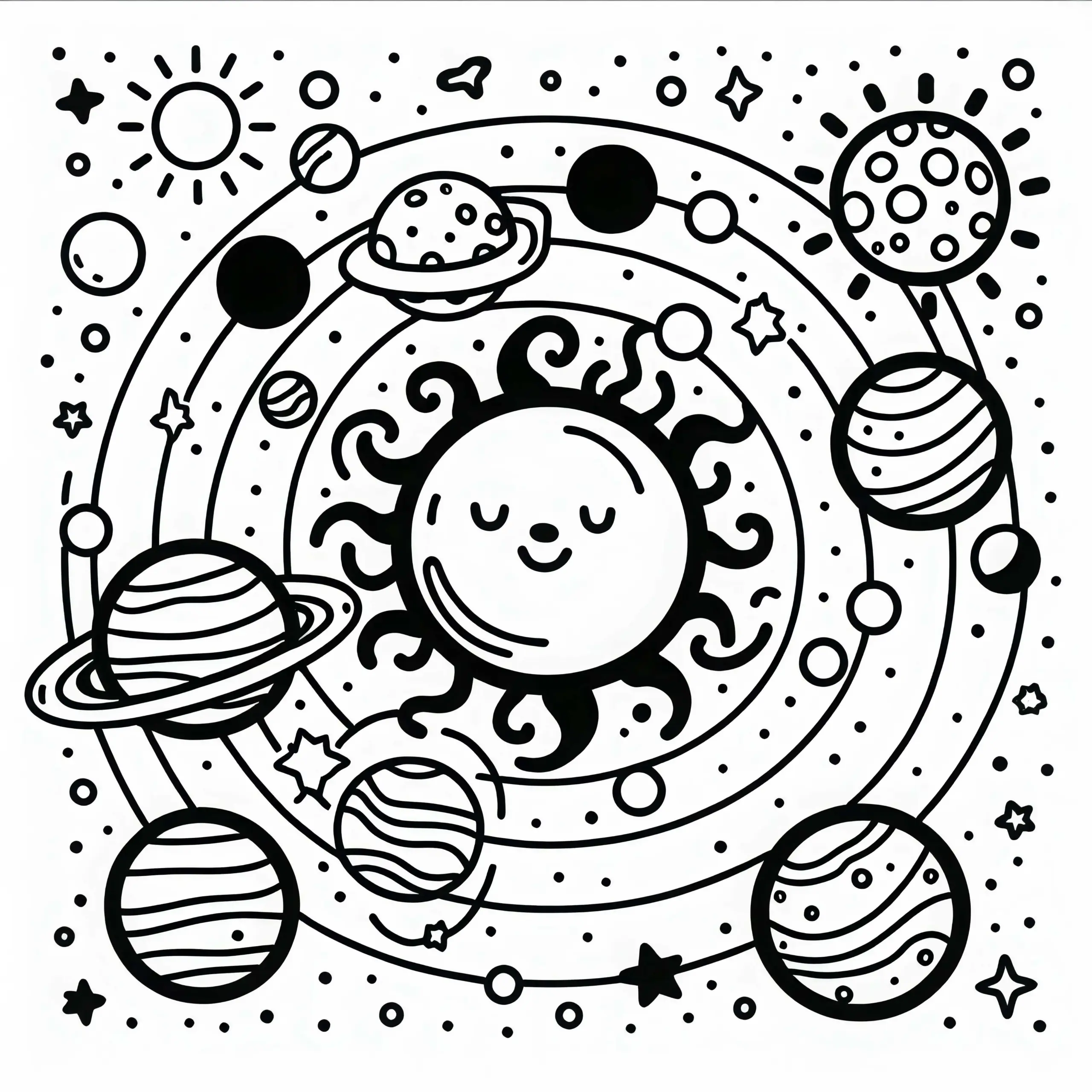 Sonnensystem mit Sonne und Planeten Malvorlage einfach gratis (Ausmalbild)