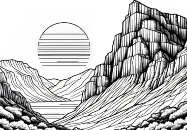 Sonnenuntergang über einer steilen Felsen küste – Malvorlage gratis