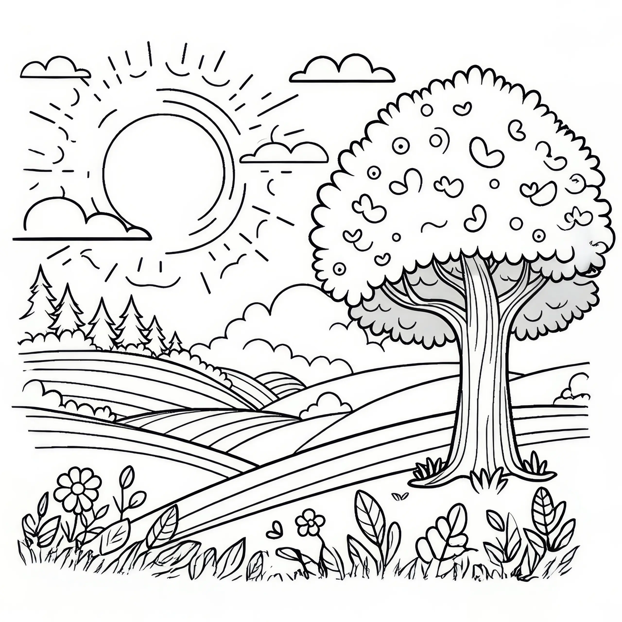 Sonnenuntergang über sommerlicher Landschaft im Juni: Kostenlose Malvorlage (Ausmalbild)
