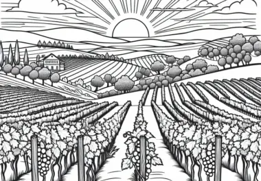 Sonnenuntergang über Weinbergen – Malvorlage kostenlos herunterladen