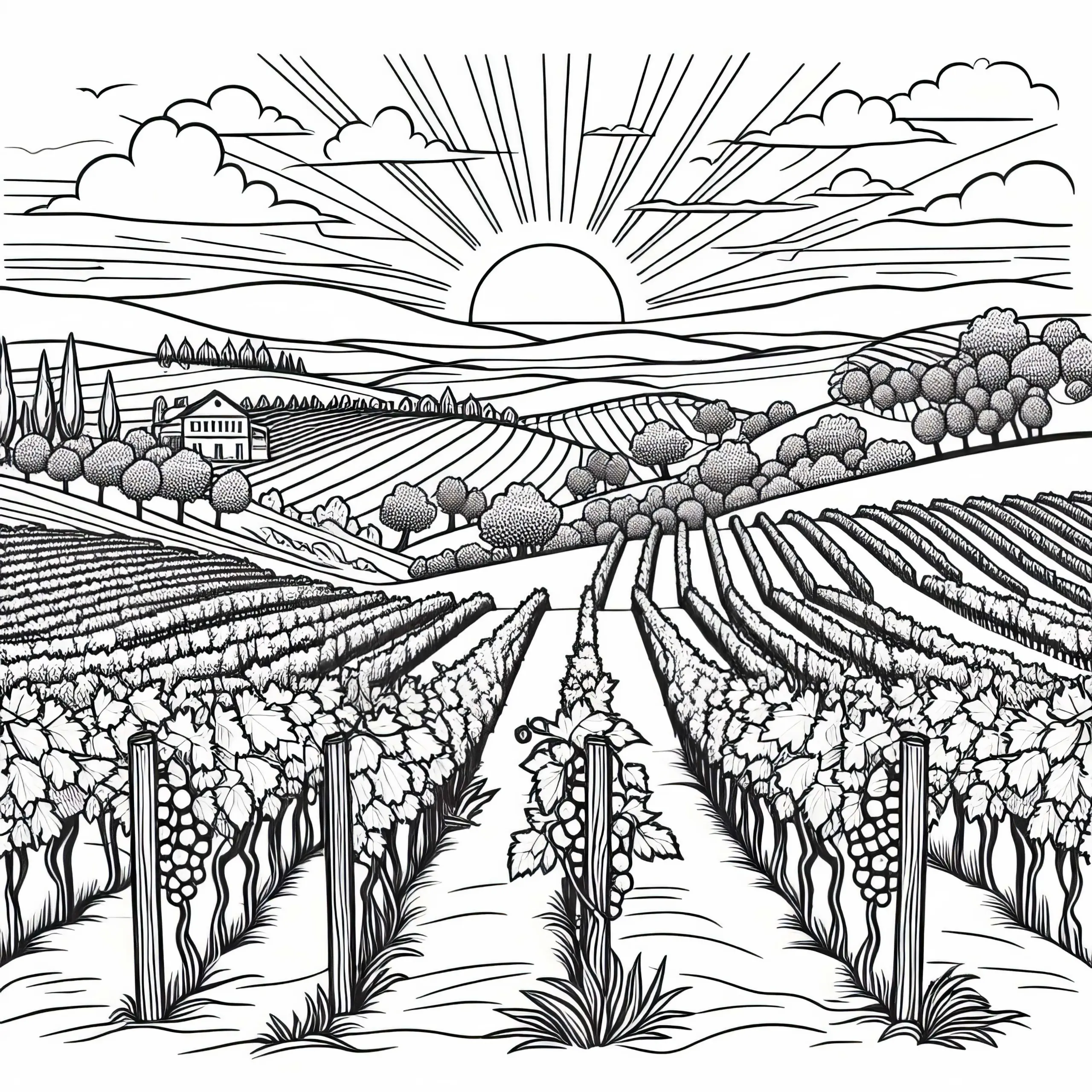 Sonnenuntergang über Weinbergen – Malvorlage kostenlos herunterladen (Ausmalbild)
