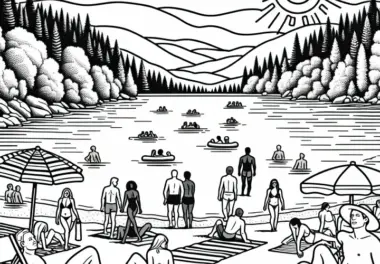 Sonnige Badebucht am See mit Menschen als Malvorlage kostenlos