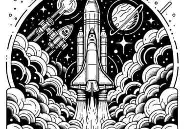 Spaceshuttle beim Start mit Rauch und Flammen – Ausmalbild kostenlos