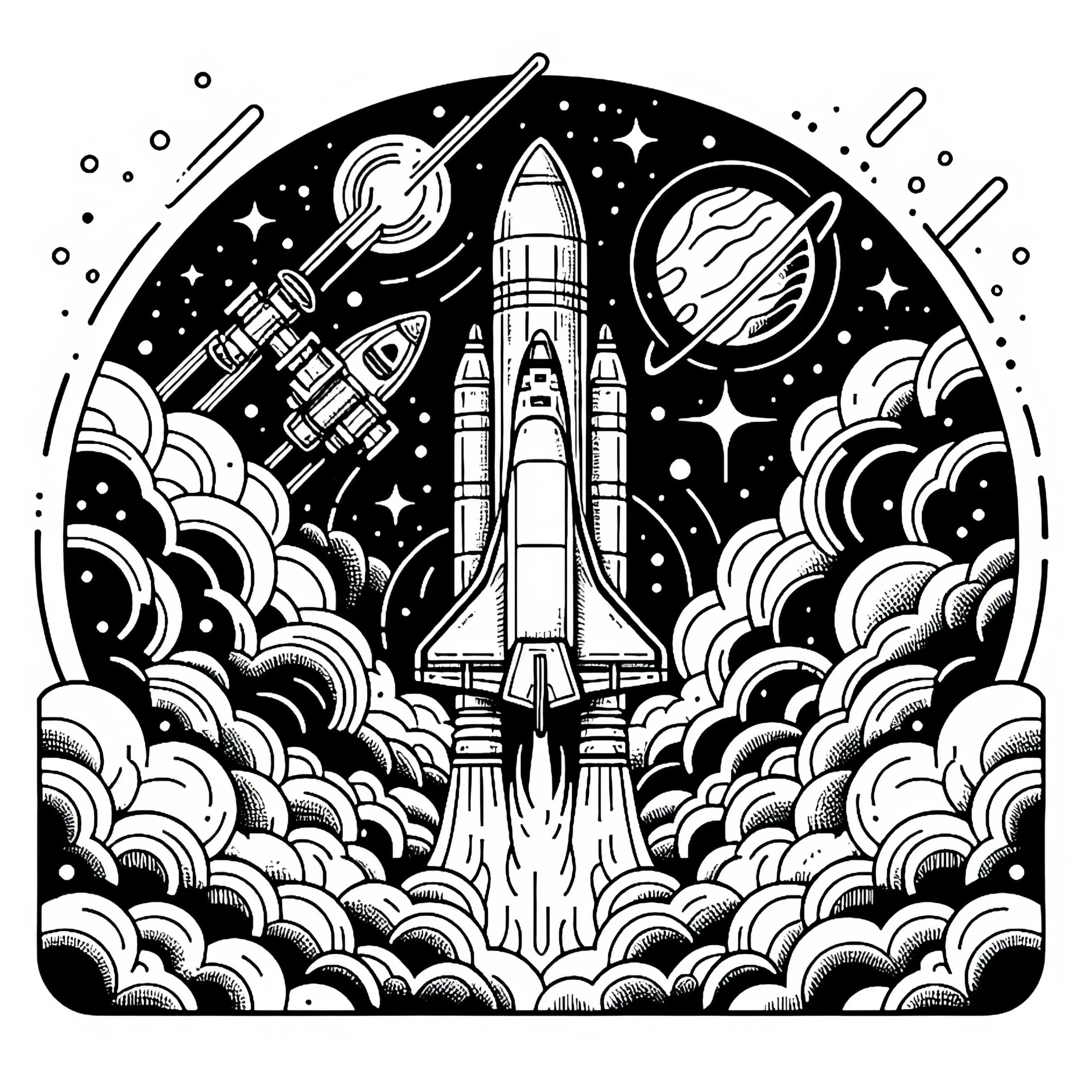 Spaceshuttle beim Start mit Rauch und Flammen – Ausmalbild kostenlos