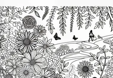 Spaziergang durch einen herbstlichen Blumengarten: Malvorlage für Herbstblumen kostenlos