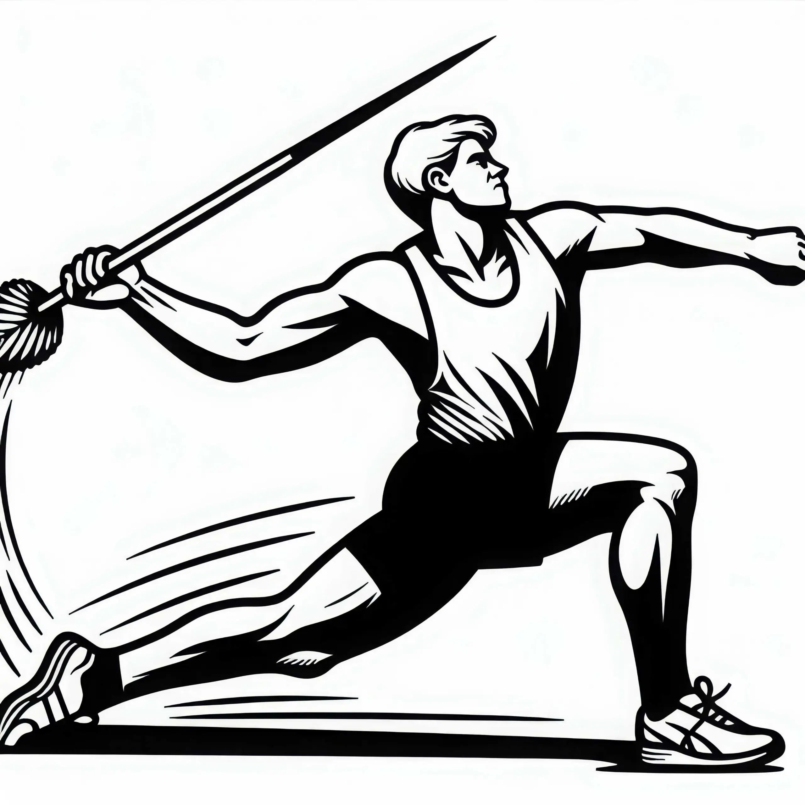 Speerwerfer wirft Speer mit voller Kraft – Malvorlage Leichtathletik gratis (Ausmalbild)