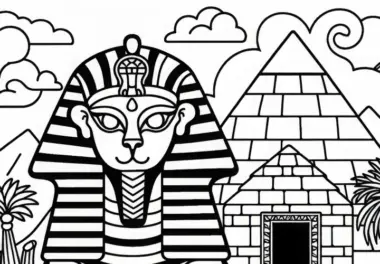 Sphinx bewacht den Eingang zu einer geheimnisvollen Pyramide – kostenloses Ausmalbild