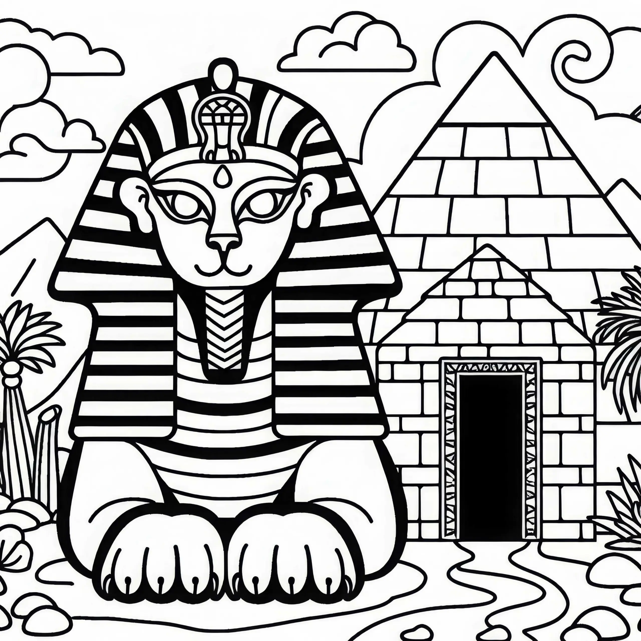 Sphinx bewacht den Eingang zu einer geheimnisvollen Pyramide – kostenloses Ausmalbild