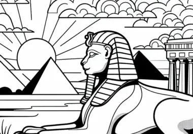 Sphinx liegt majestätisch vor Tempel während die Sonne am Horizont untergeht – Ausmalbild gratis