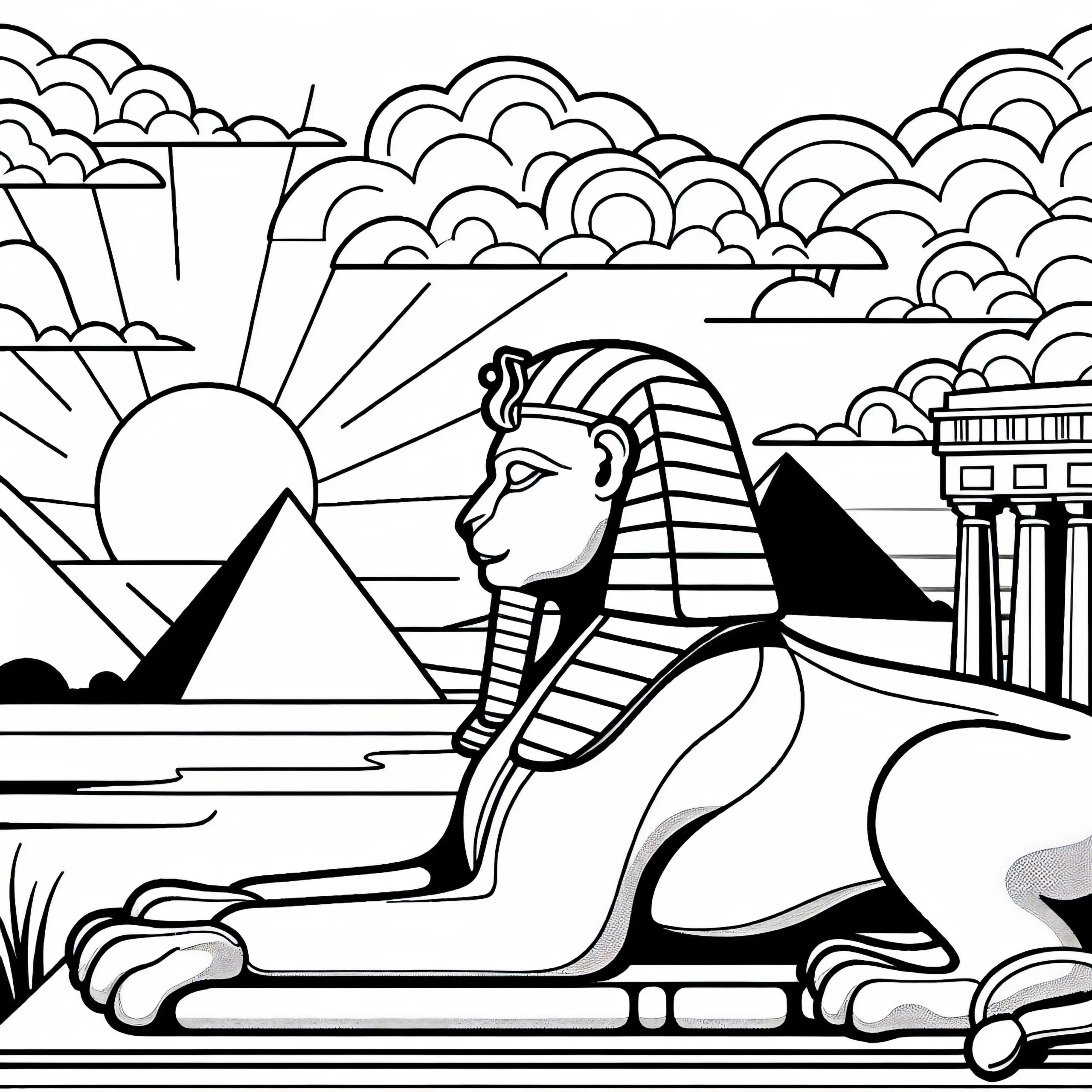 Sphinx liegt majestätisch vor Tempel während die Sonne am Horizont untergeht – Ausmalbild gratis