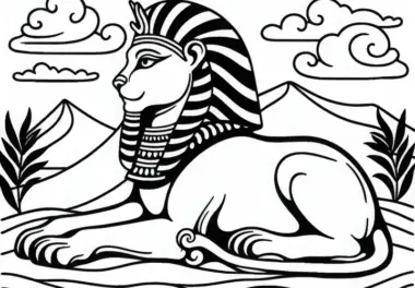 Die Sphinx ruht sich majestätisch auf einer Sanddüne – Ausmalbild zum kostenlosen Download