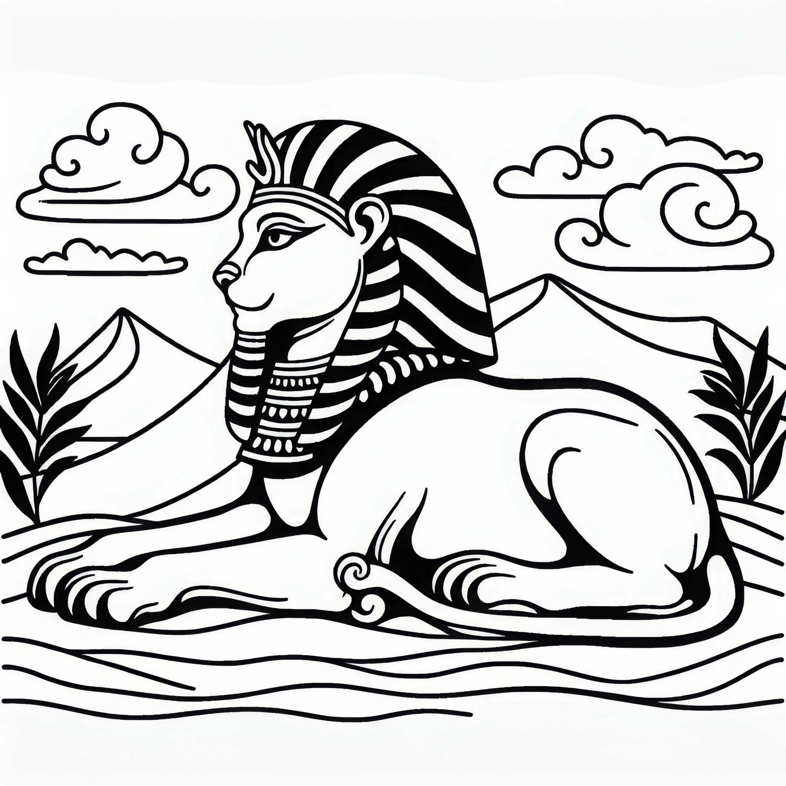 Die Sphinx ruht sich majestätisch auf einer Sanddüne – Ausmalbild zum kostenlosen Download