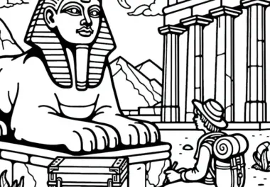Sphinx stellt Wanderer ein Rätsel vor altem Tempel – Ausmalbild kostenlos