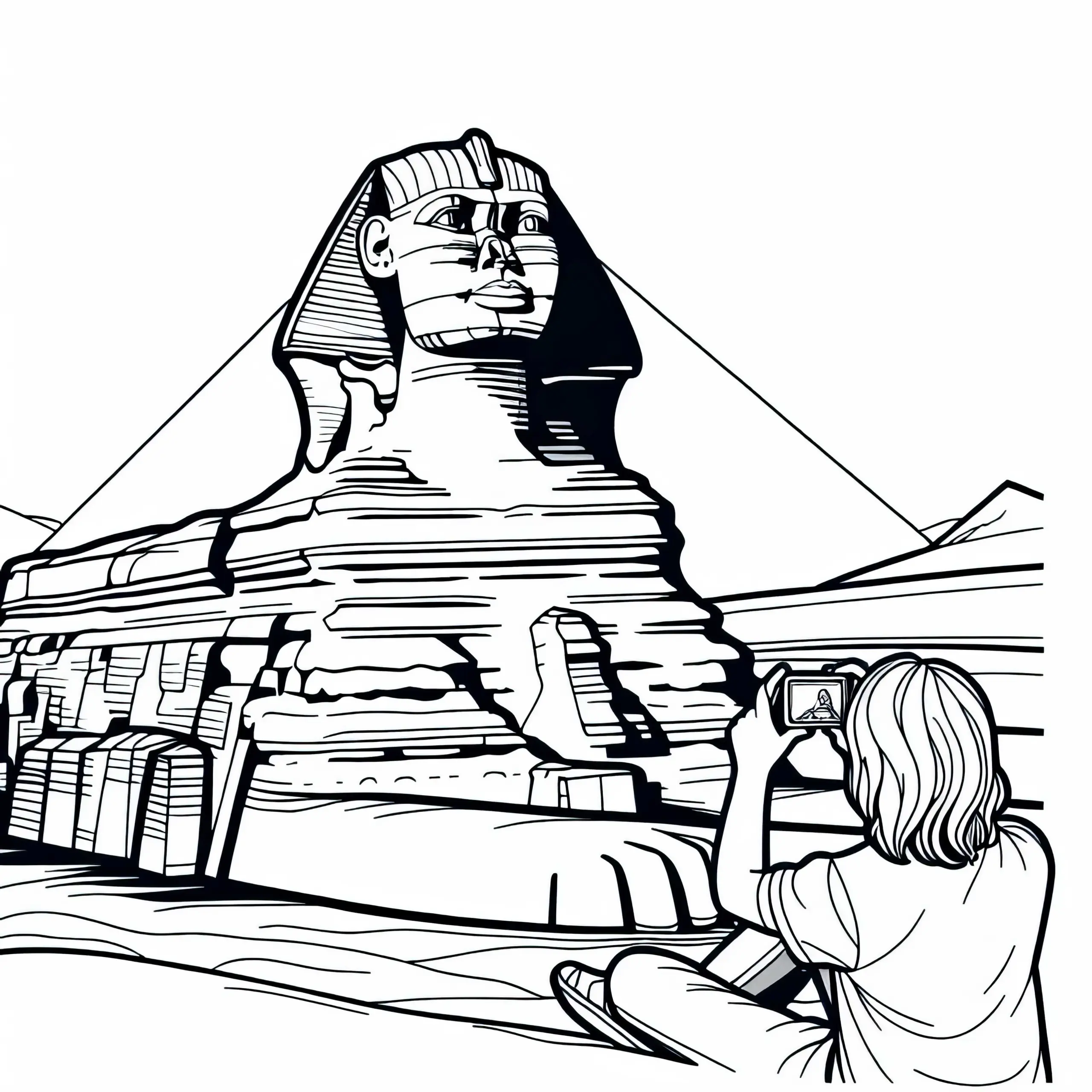 Sphinx von Gizeh mit Kind, das ein Foto macht – Malvorlage Afrika kostenlos (Ausmalbild)