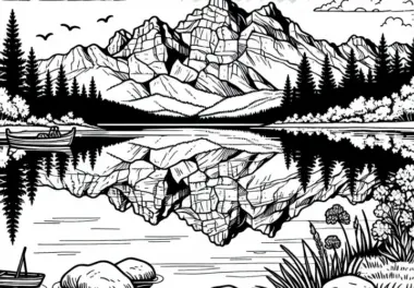 Spiegelung der Berge im klaren Wasser eines Sees – Ausmalbild kostenlos