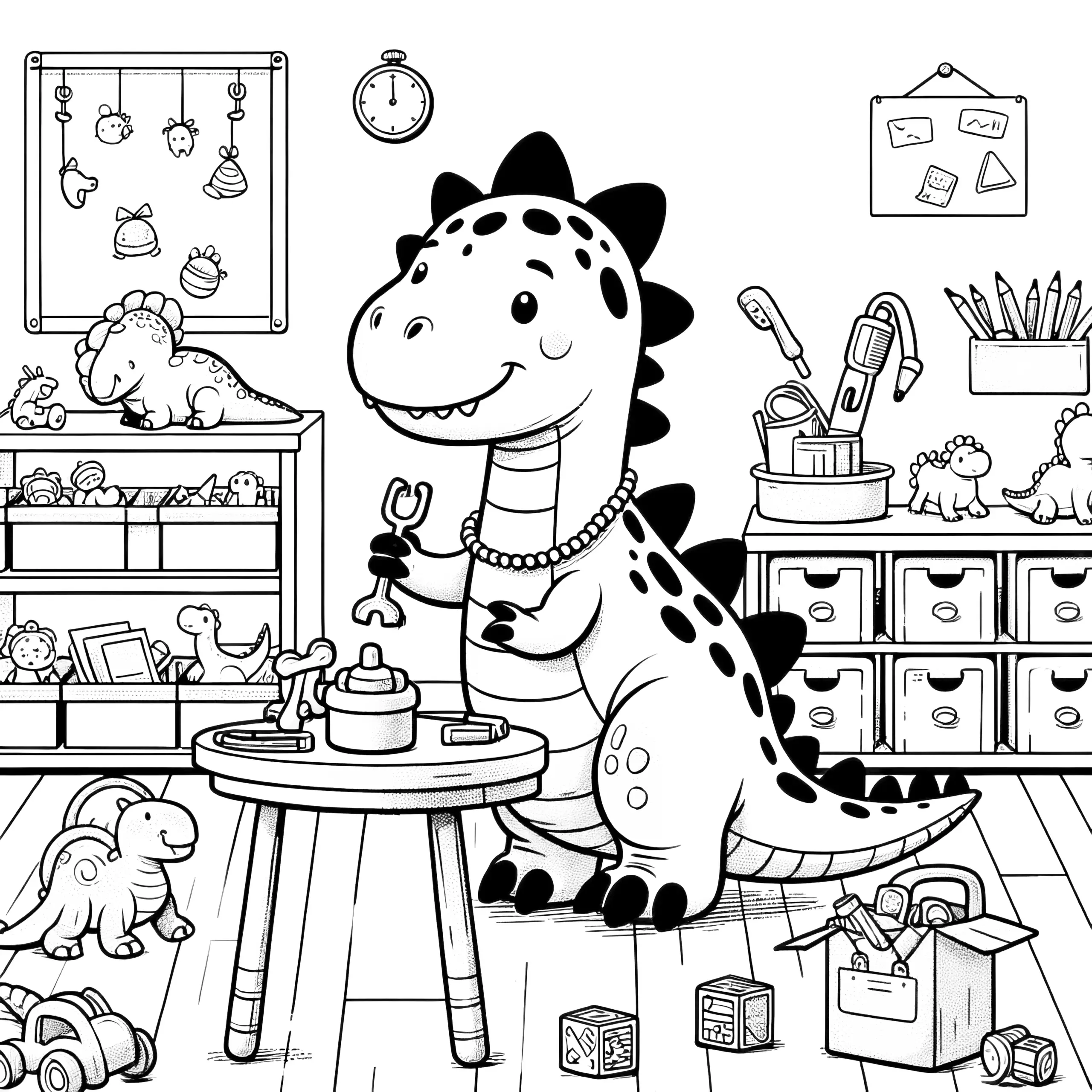 Süßes Dinosaurier-Mädchen im Kinderzimmer beim Spielen (Ausmalbild)