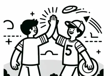 Spieler klatschen sich beim Ultimate Frisbee nach Punkt – Malvorlage kostenlos