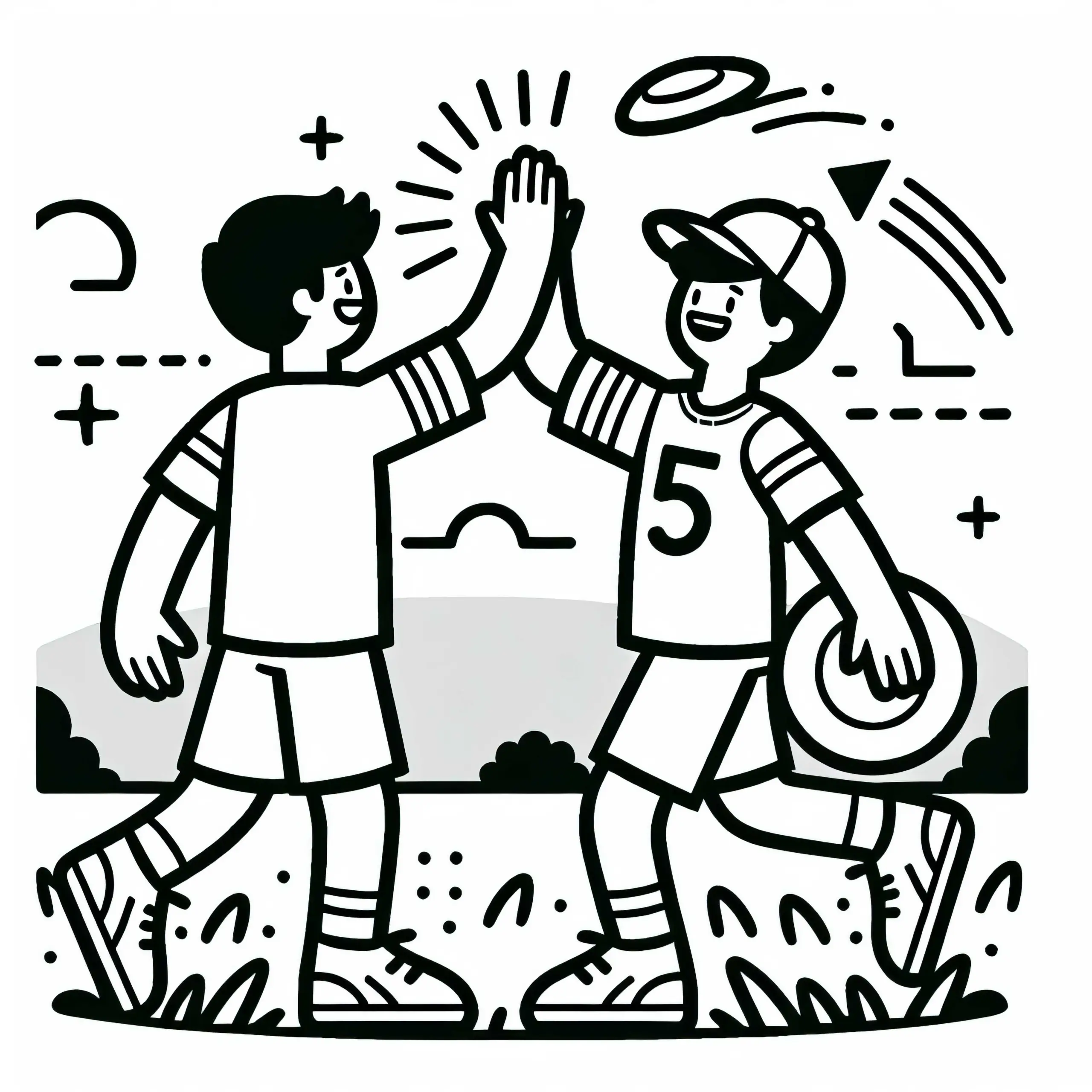 Spieler klatschen sich beim Ultimate Frisbee nach Punkt – Malvorlage kostenlos (Ausmalbild)