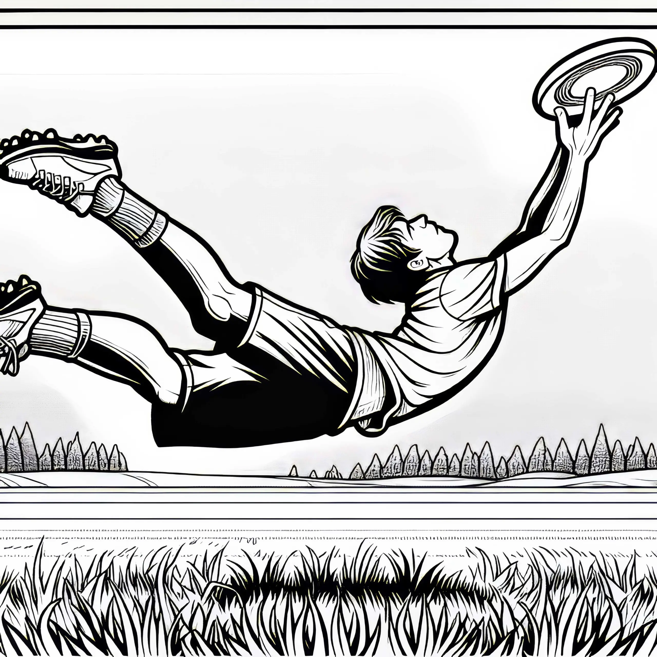 Spieler macht beim Ultimate Frisbee spektakulären Hechtsprung, um Scheibe zu fangen – Ausmalbild kostenlos