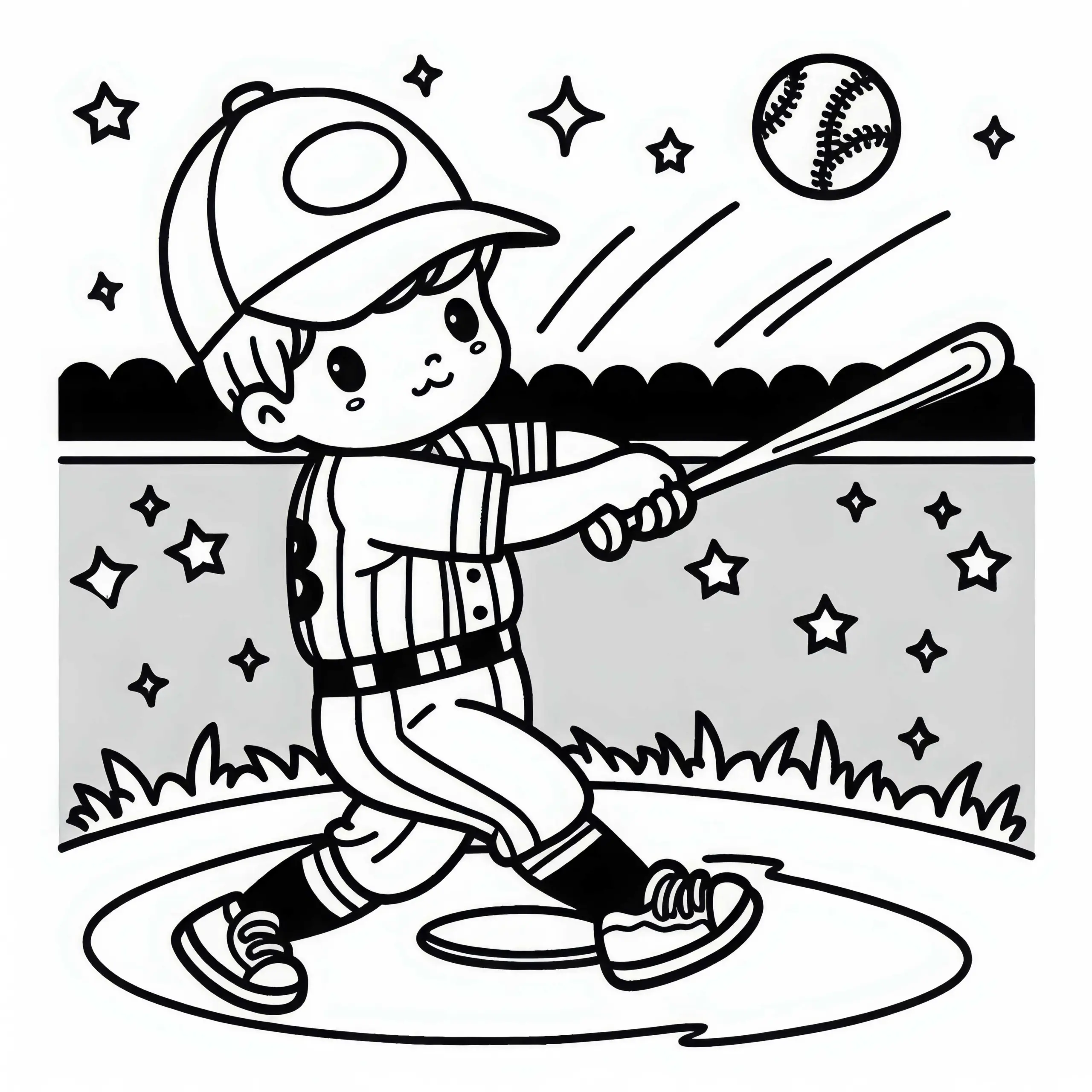 Spieler schlägt mit Baseballschläger den Ball – Ausmalbild kostenlos