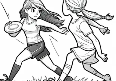 Spielerin weicht beim Ultimate Frisbee Verteidigerin aus – Malvorlage kostenlos