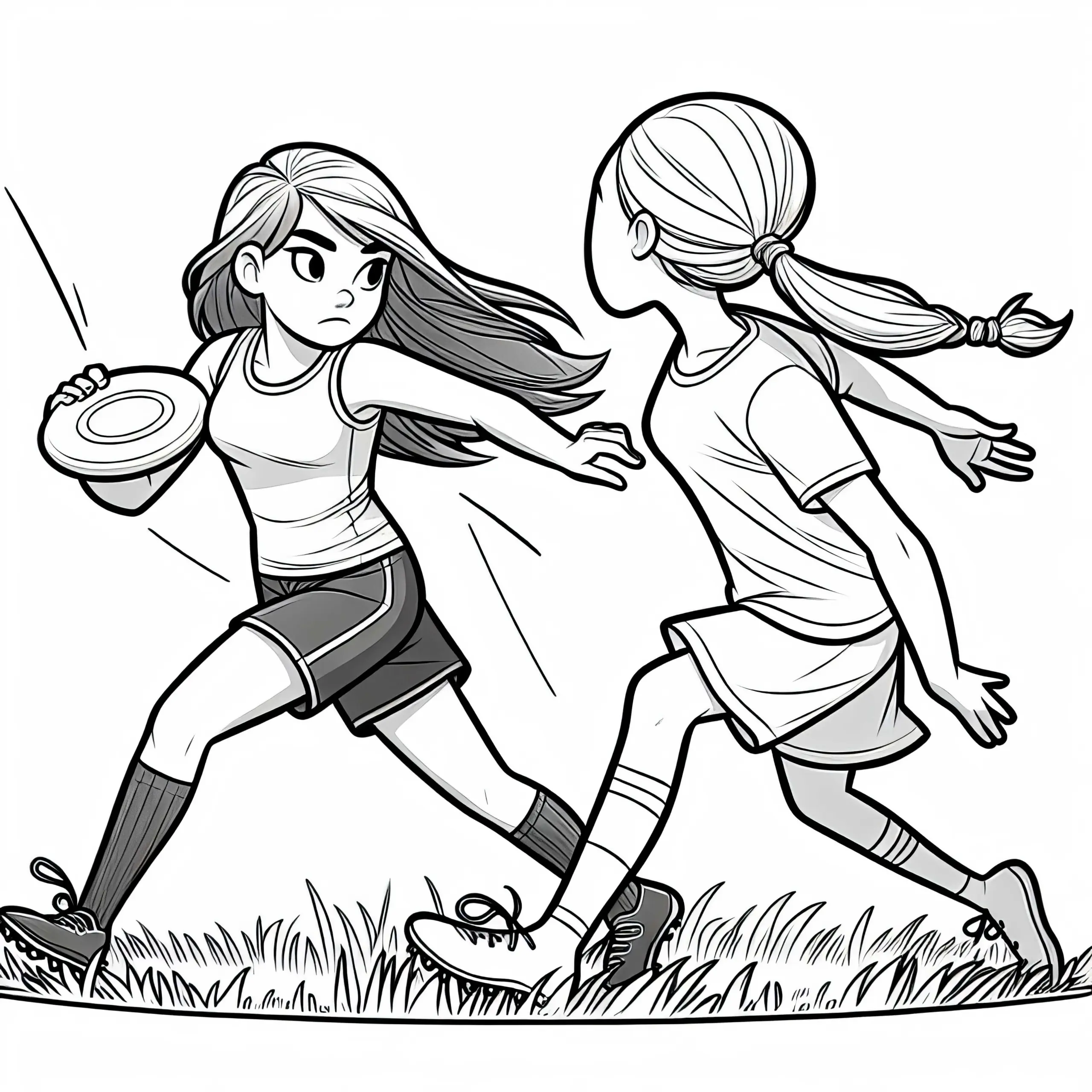 Spielerin weicht beim Ultimate Frisbee Verteidigerin aus – Malvorlage kostenlos (Ausmalbild)