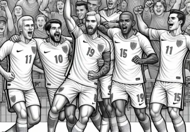 Spielerteam feiert nach Torefolg beim Fußball – Detailreiches Ausmalbild kostenlos