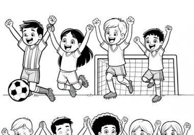 Spielerteam feiert nach Torerfolg beim Fußball – Ausmalbild kostenlos zum Download