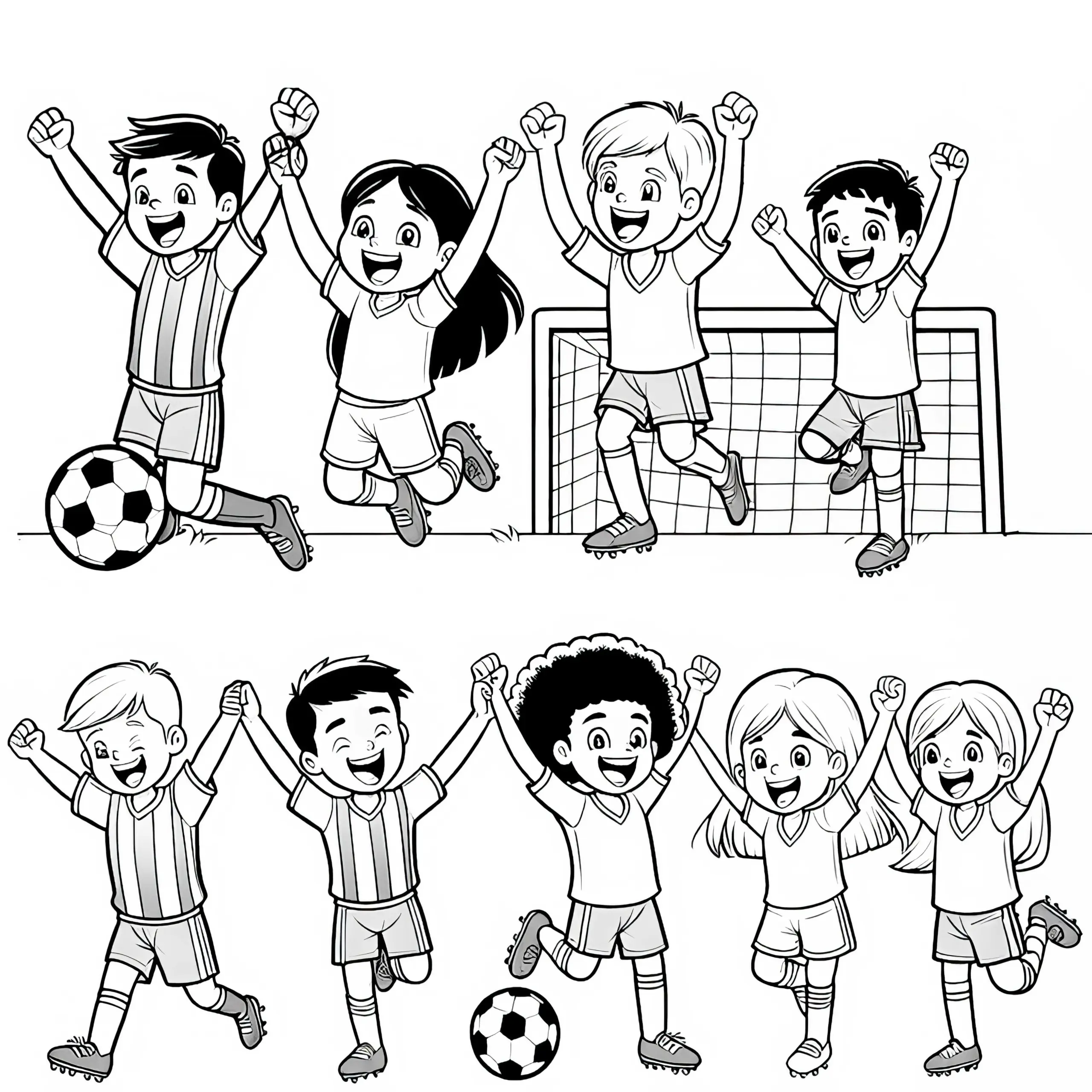 Spielerteam feiert nach Torerfolg beim Fußball – Ausmalbild kostenlos zum Download