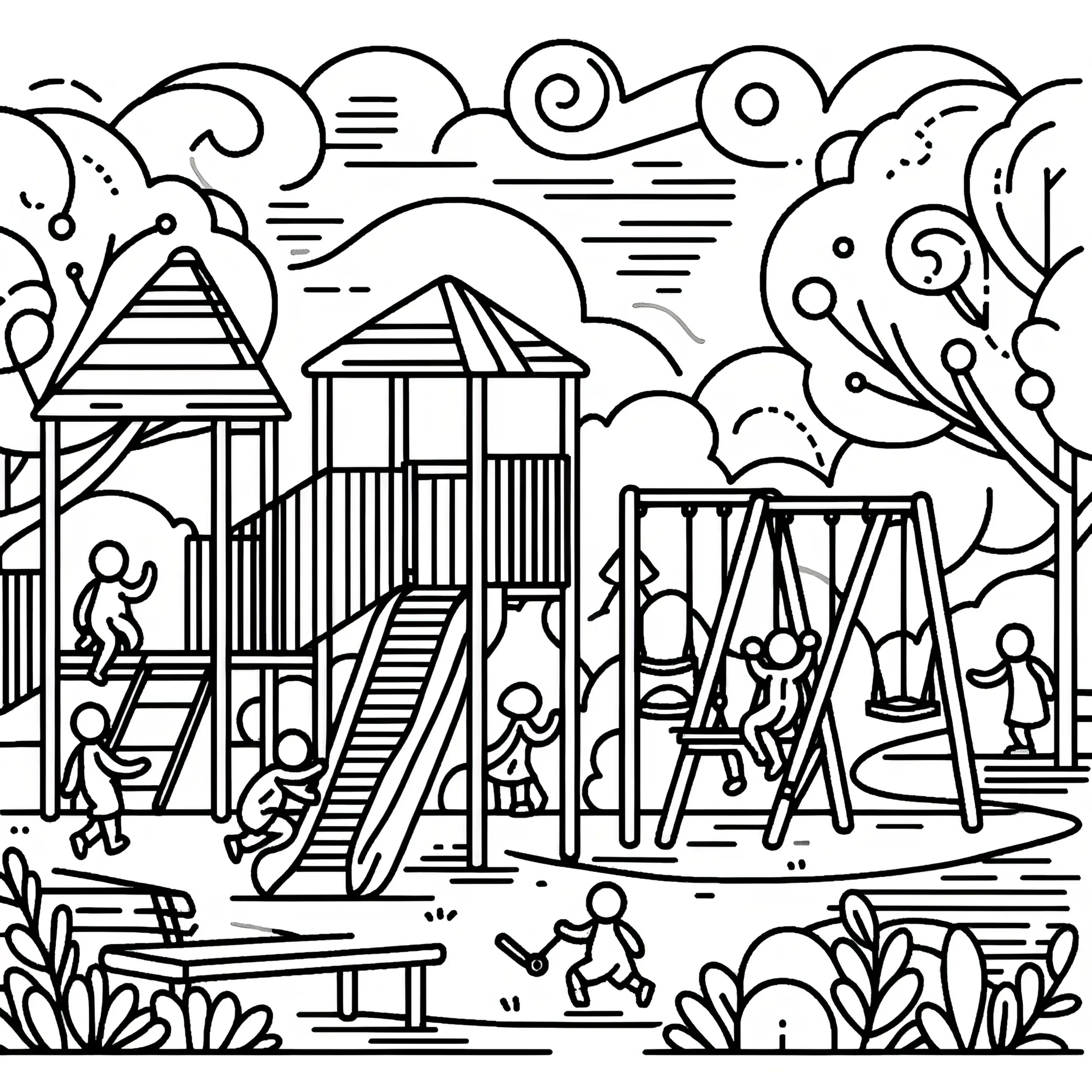Spielplatz mit vielen Kindern: Einfache Malvorlage für Kinder (Gratis) (Ausmalbild)