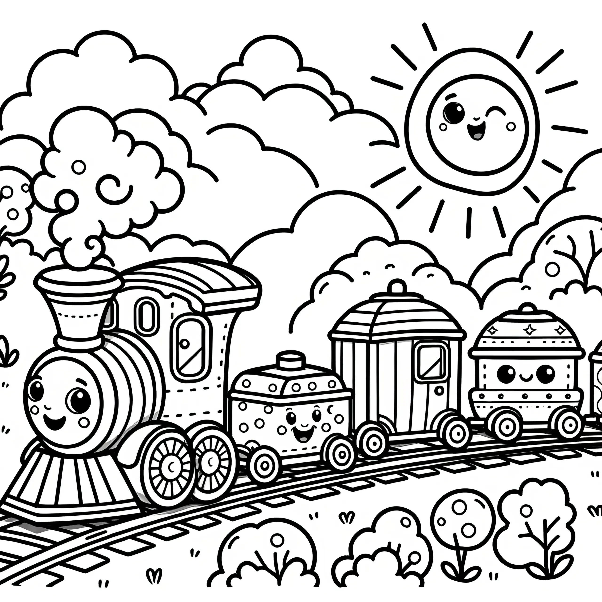 Spielzeug Eisenbahn mit niedlichen Anhängern: Ausmalbild für Kinder (Kostenlos)
