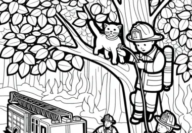 Spielzeug Feuerwehrleute retten Katze vom Baum – Ausmalbild kostenlos