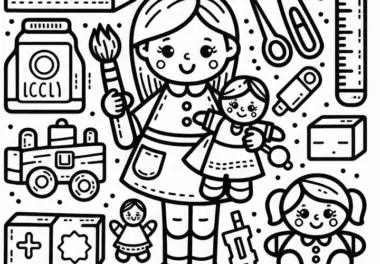 Spielzeug im Kindergarten – Malvorlage einfach gratis