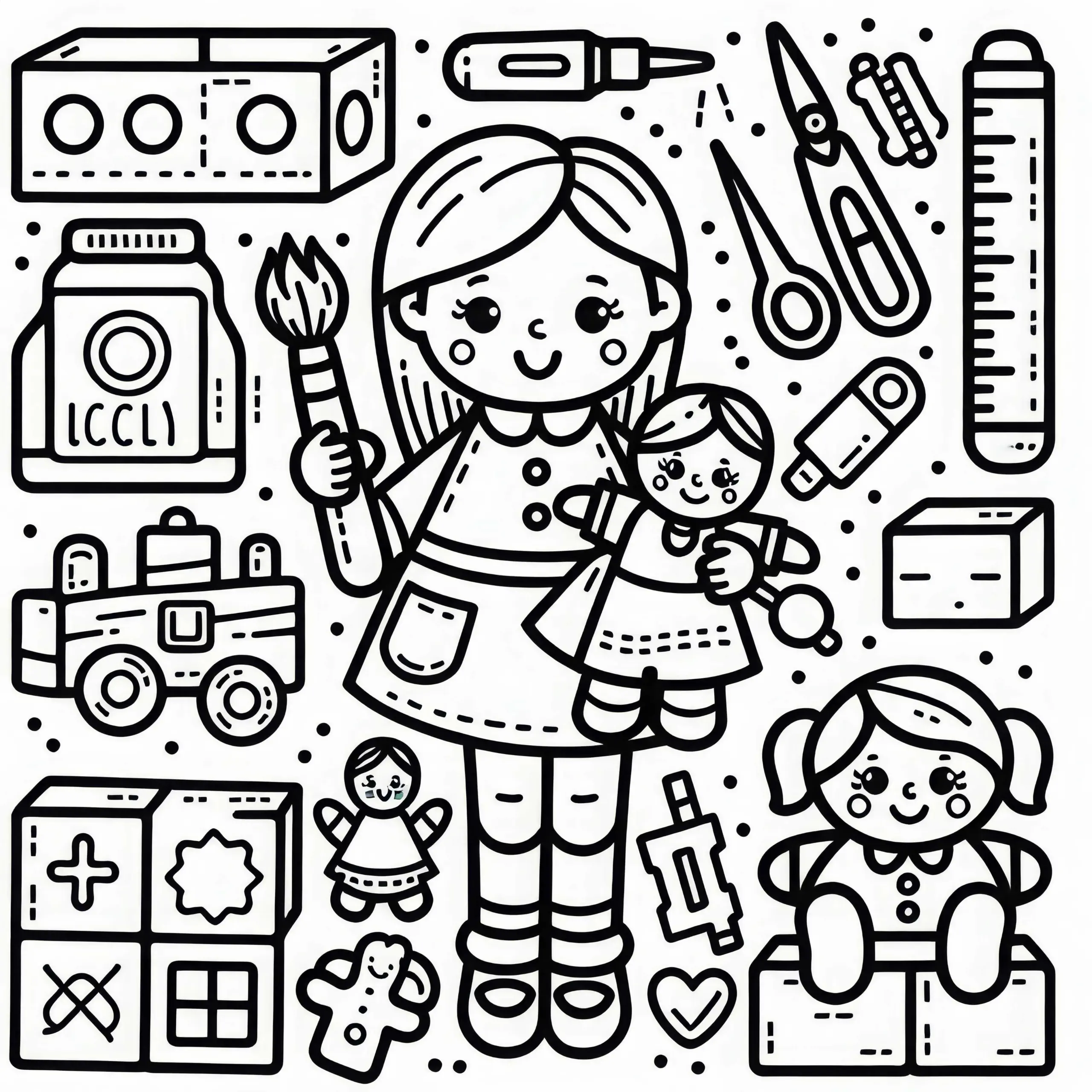 Spielzeug im Kindergarten – Malvorlage einfach gratis (Ausmalbild)