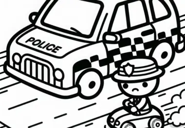 Spielzeug-Polizeiauto jagt kleinen Spielzeugdieb – Ausmalbild gratis zum Download