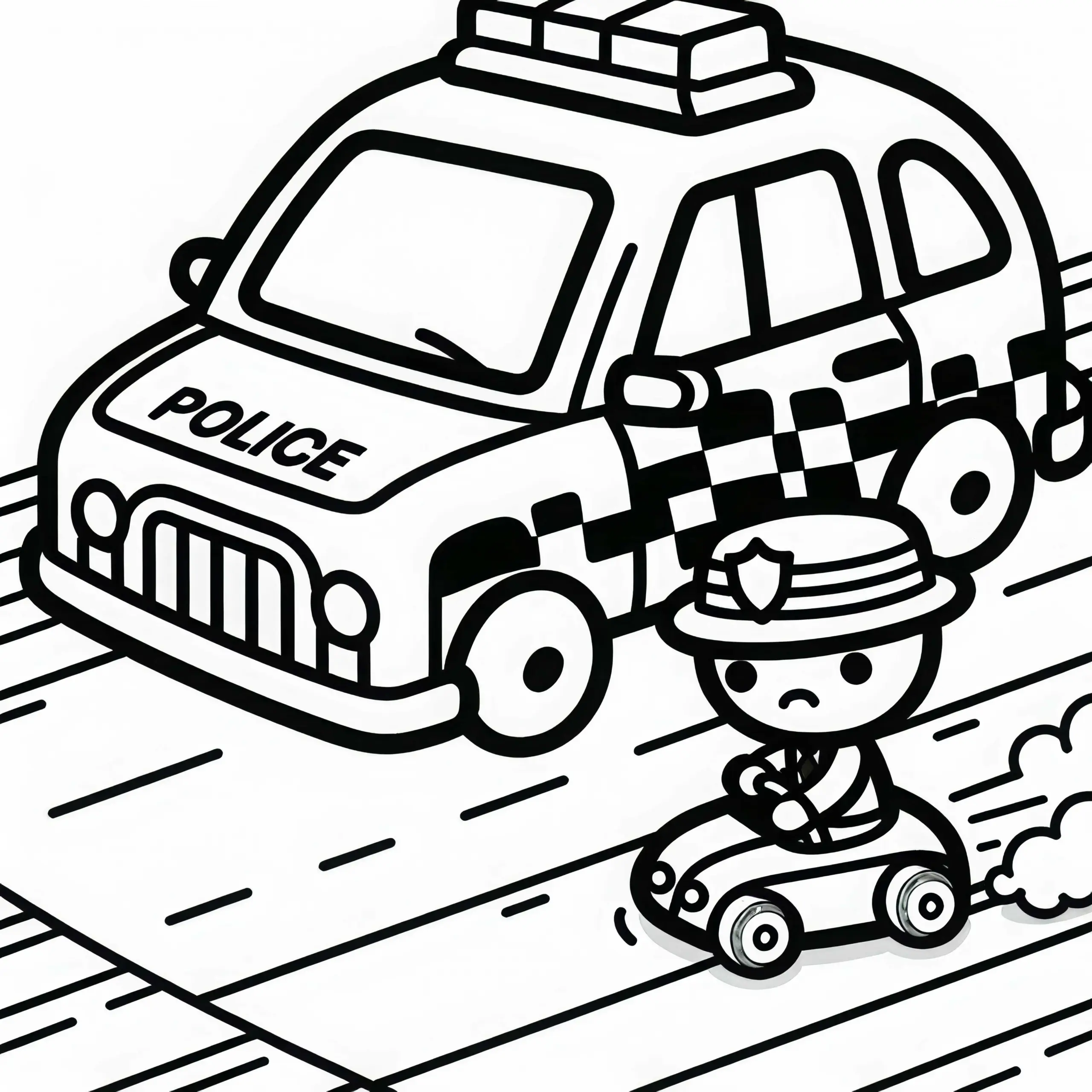 Spielzeug-Polizeiauto jagt kleinen Spielzeugdieb – Ausmalbild gratis zum Download