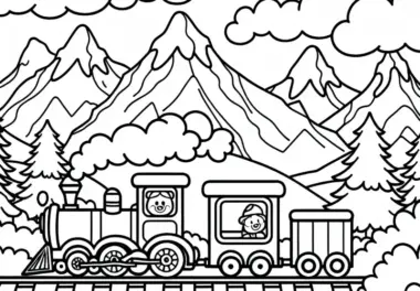 Spielzeugeisenbahn fährt durch Berglandschaft – Ausmalbild kostenlos zum Download