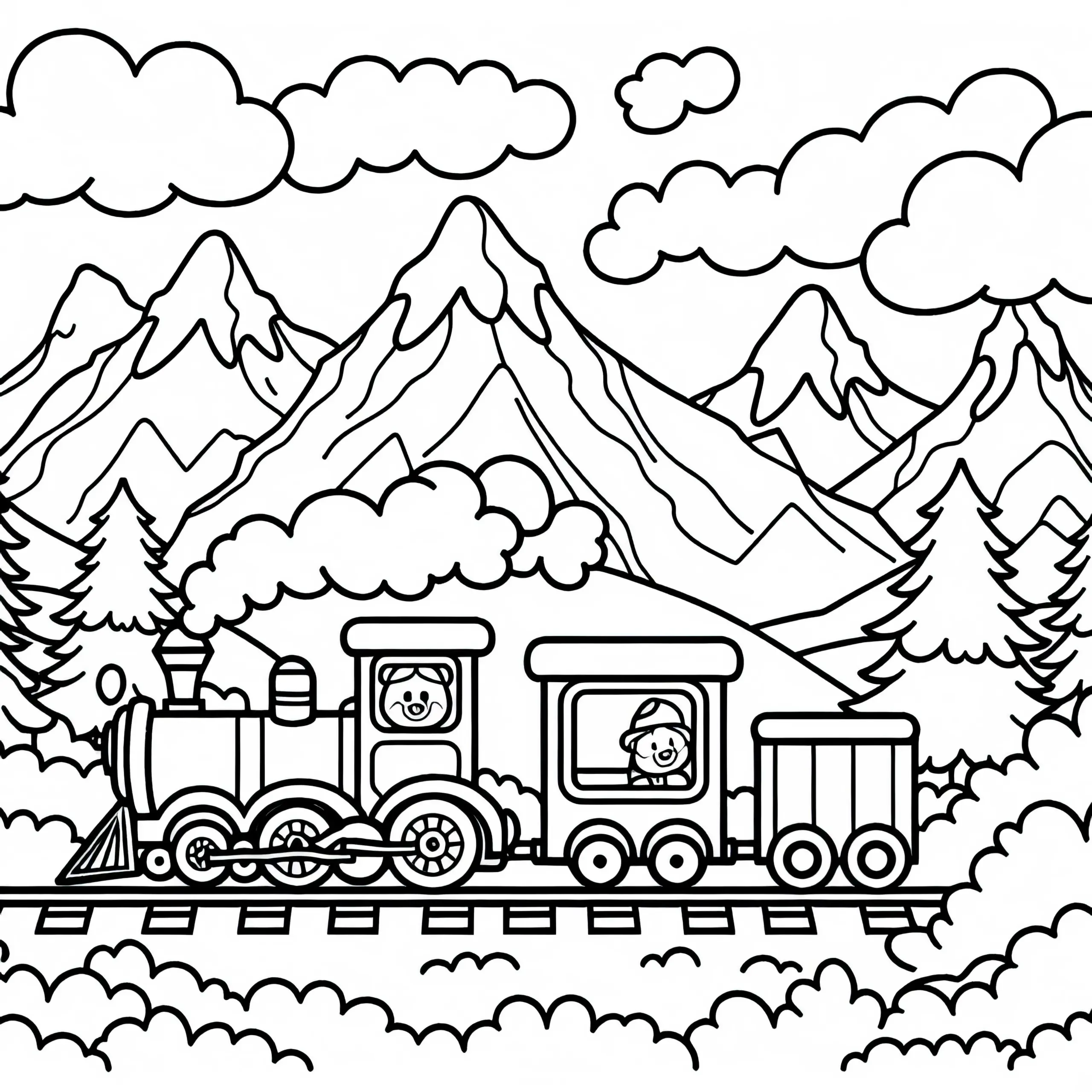 Spielzeugeisenbahn fährt durch Berglandschaft – Ausmalbild kostenlos zum Download