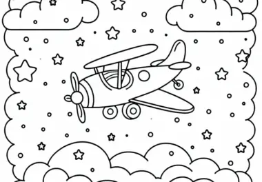 Spielzeugflugzeug fliegt über Wolken – Ausmalbild kostenlos